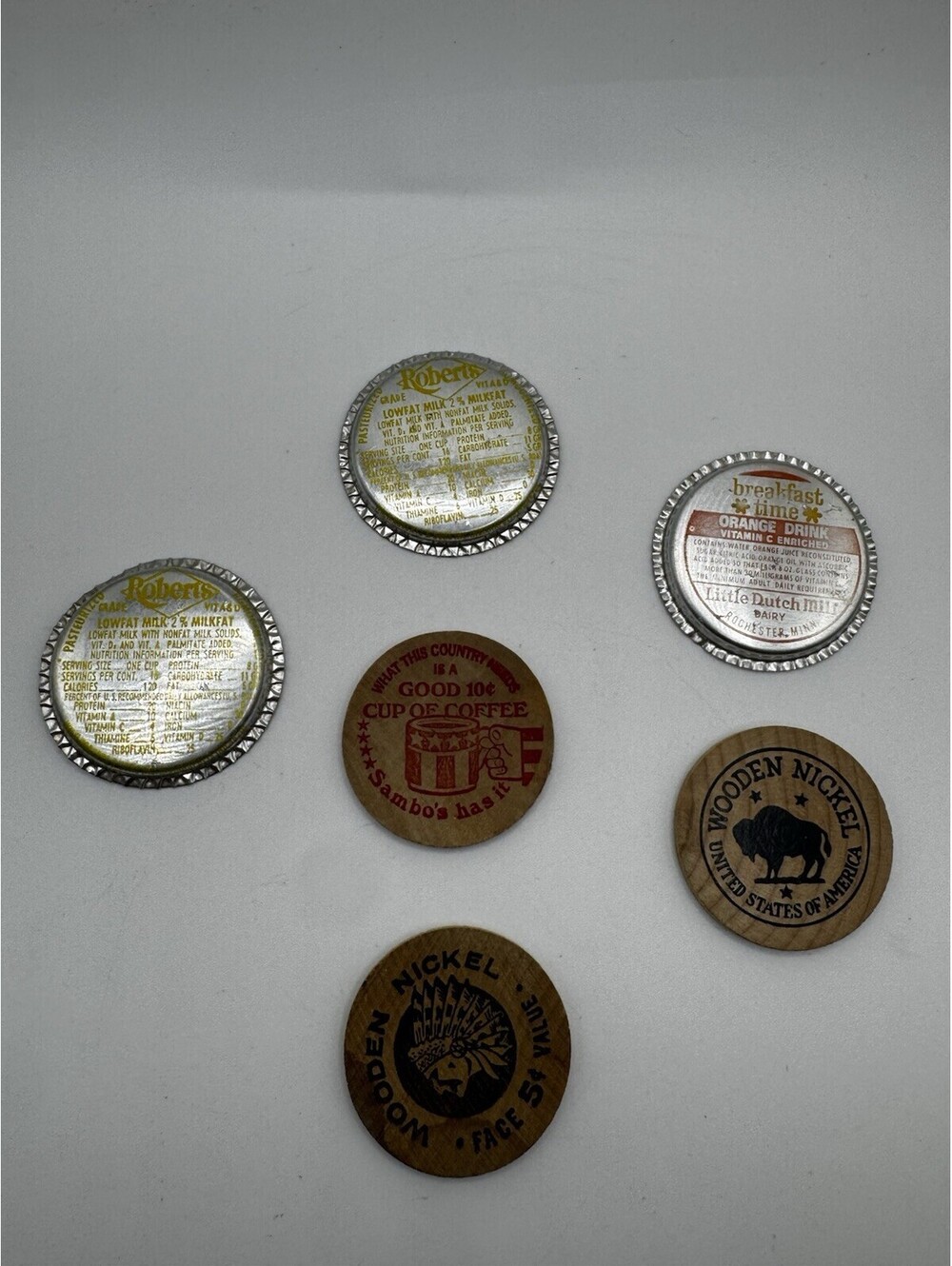 Vintage Advertising Lot Roberts Milk Caps Sambos Coffee Token Wooden Nickels 6pc